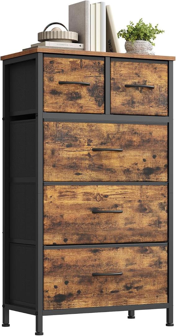 SONGMICS Tall Dresser for Bedroom, 5 Fabric Drawers with Steel Frame, 11.8"D x 19.9"W x 37.9"H