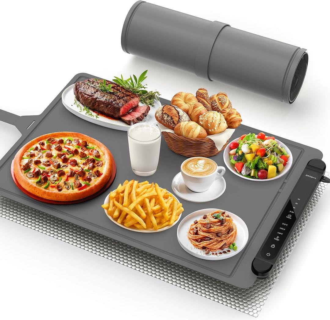 Food Warming Mat Electric Tray: Adjustable Silicone Heating Pad with 3 Temperature Settings 4 Timer Function Portable Roll Up Hot Plate for Buffets Party Gatherings Kitchen Countertop Black Gray (24 X 16 inch)