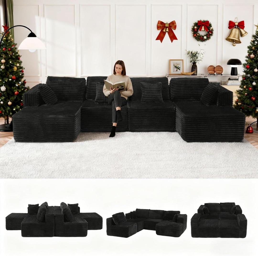 132" U Shaped Sectional Couch, Large Modular Cloud Couches with Double Chaise Lounge, Comfy Flannel Cloud Sofa with Pillows, Boneless Couches for Living Room, Black