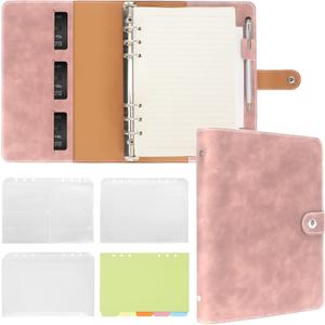 FYY A5 Binder Refillable Planner Notebook 6 Ring PU Leather Binder Journal with Pockets, Dividers, Refill Paper Pink
