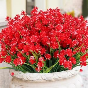 JEMONG Artificial Flowers Outdoor UV Resistant Fake Plants Indoor Outside Hanging Planter Home Garden Decor, 16 Bundles (Red-Daffodil)