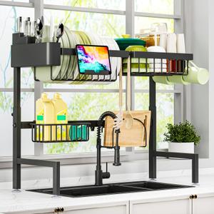 ADBIU Over The Sink Dish Drying Rack (Expandable Height and Length) Snap-On Design 2 Tier Large Dish Rack (22.6" - 34"(L) x 10"(W) x 19" - 21.5"(H), Black)