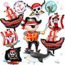 Sosation 10 Pcs Pirate Balloons Birthday Party Decorations Round Pirate Ship Ocean Skeleton Shark Foil Balloon for Themed Arch Kit Celebration Backdrop Birthday Party Supplies Decorations, Red Black