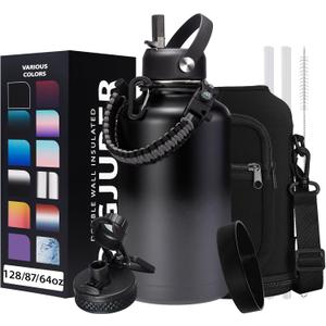 Half Gallon Insulated Water Bottle - with Straw & Spout Lid, Paracord Handle & Carrier Bag, Protective Cup Mat, 64oz Vacuum Stainless Steel Water Bottle, Metal Vacuum Flasks Keep Cold 48h Hot 24h (Black Gray Gradient)