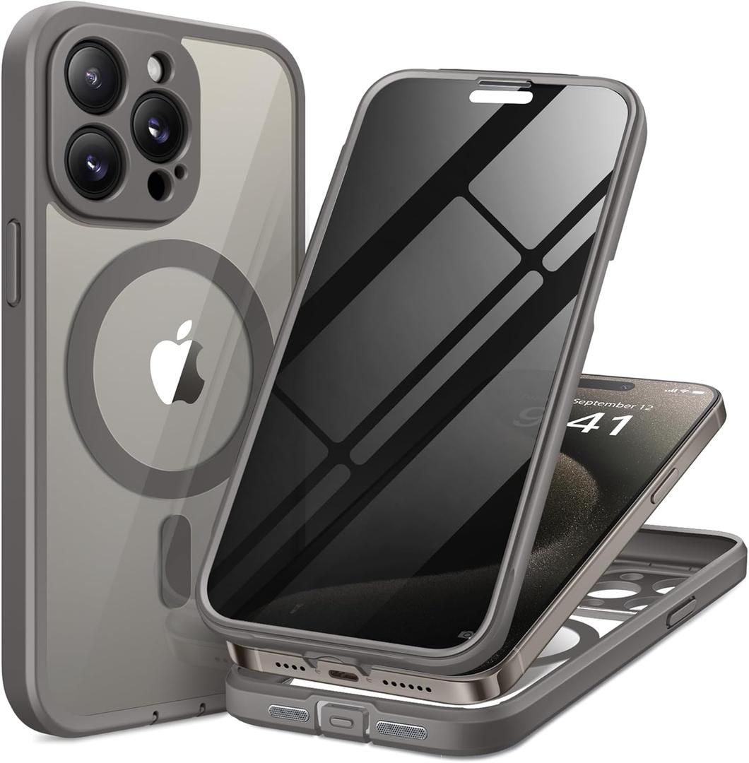 TIESZEN for iPhone 15 Pro Case, Compatible with MagSafe, Built-in Privacy Screen Protector and Camera Protection, Anti Spy Full Body Dustproof Shockproof Hard Phone Case 6.1", Dark Gray