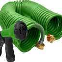 50ft Garden Hose, EVA Curly Water Retractable Hose Brass Connectors, Includes 8-Pattern Function Sprayer, Corrosion Resistant Coil for Gardening Homeowners (Green)