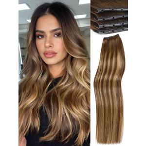 WIGNEE New Double Layered PU OVO Hair Extensions Blonde Ombre Straight Human Hair weft with beads 100% Real Human Hair Extensions 18 Inch Seamless Micro Beads Human Hair Extensions Glueless (9A/60)