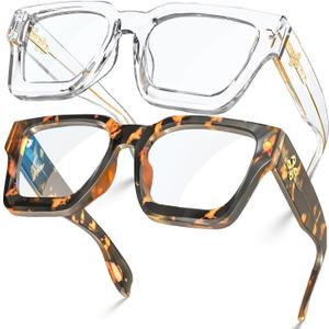 VISOONE 2 Pack Blue Light Blocking Glasses Rectangle Frame and Chic Preppy Look for Women Men RIVER (Coco Tortoise + Clear)