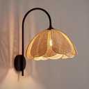 Bofea-Boho Rattan Wall Sconce Black Hard-Wired Wall Lamp,Handmade Creative Rattan Flower Petal Sconces,Farmhouse Living Room Indoor Lighting,Vintage Black Lighting for Bedroom Hallway
