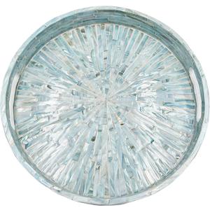 PEMAR 12.6 Mother of Pearl Round Serving Tray with Handles, Decorative Nacred Wooden Ottoman Coffee Table Tray (Teal Sunlight)