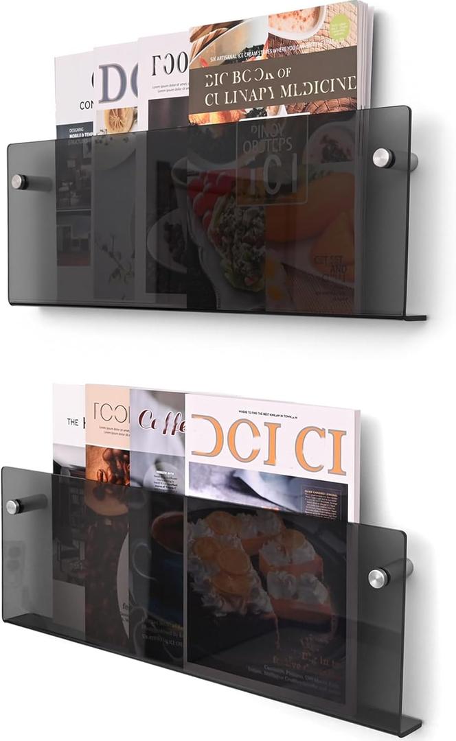 2 Pcs Acrylic Magazine Rack, 17" Black Record Holder, Hanging Bookshelf Literature Storage Rack for Waiting Room, Office, Home Display