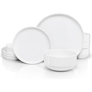 Ceramic Dinnerware Set, 12-Piece Service for 4, Soup Bowls (31.5 oz), Salad Plates (7.5"), Dinner Plates (10.5"), Round, Microwave and Dishwasher Safe, White, Cambridge Classics