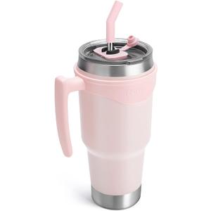 TOURIT 40 oz Tumbler with Handle and Straw, 3 in 1 Sip-All-Way Lid Insulated Tumblers, Reusable Stainless Steel Water Bottle for Keep Cold 34Hs or Hot 10Hs, Gifts for Women Men, Pink
