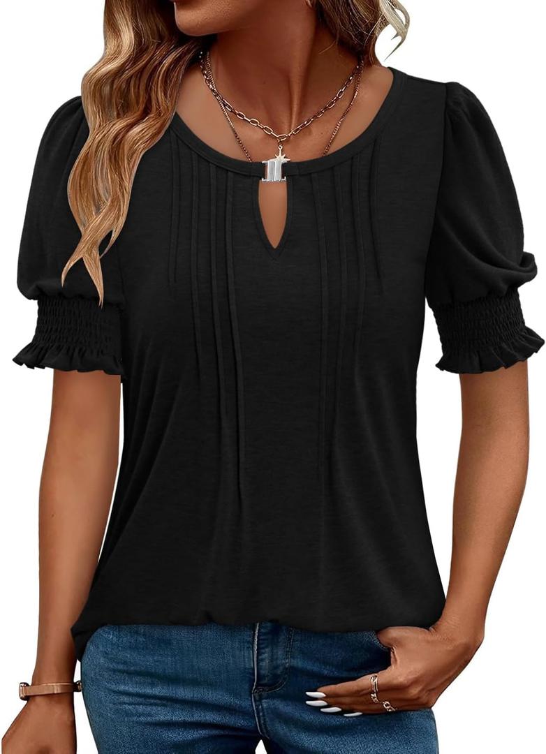 CRAZY GRID Women's Dressy Casual Top Puff Sleeve Summer Shirt Loose Trendy Pleated Blouse (Medium)