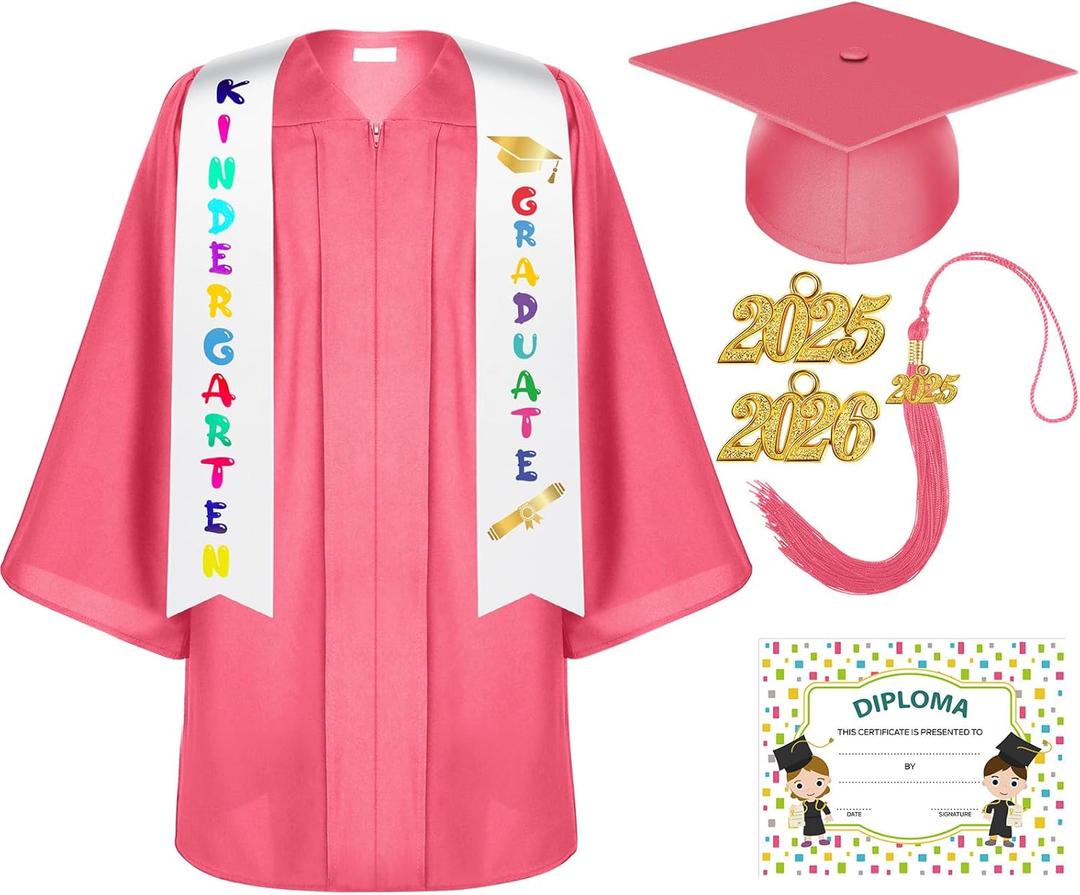 Lasnten Unisex Matte Kindergarten Graduation Gown Cap Tassel Set with 2026/2027 Charm Printed Stole for Kid Grad Gift (33, Pink)