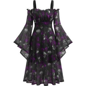 ROSE GAL Rosegal Plus Size Women Medieval Gothic Bell Sleeves Cold Shoulder Skulls Dress Halloween Dress (XL)