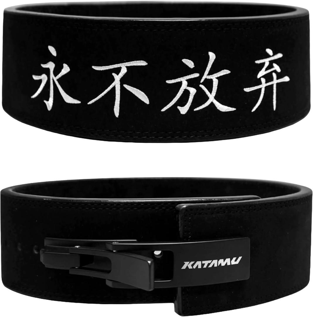 Katamu Premium Leather Lever Weightlifting Belt  Secure Steel Lever, Powerlifting Support for Deadlifts, Squats & Heavy Lifts - Lift More, Look Good (Large - 13mm, Never Give Up)