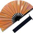 Large Rave Fan, Clack Folding Hand Fan with Premium Fabric, Thick Bamboo Frame for Men Women Gift for EDM, Festival, Club, Party, Dance, Decoration (Lridescent Orange, 13")