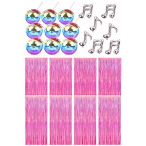 Party Box, 8 Pack Pink Backdrop, 10pcs Music Note Silvery Balloons, 12 Disco Ball Cups for Birthday