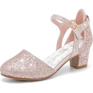 LAURMOSA Girls Dress Shoes Closed Toe Chunky High Heels Ankle Strap Wedding Party Pump Shoes (Pink, 4 Big Kid)