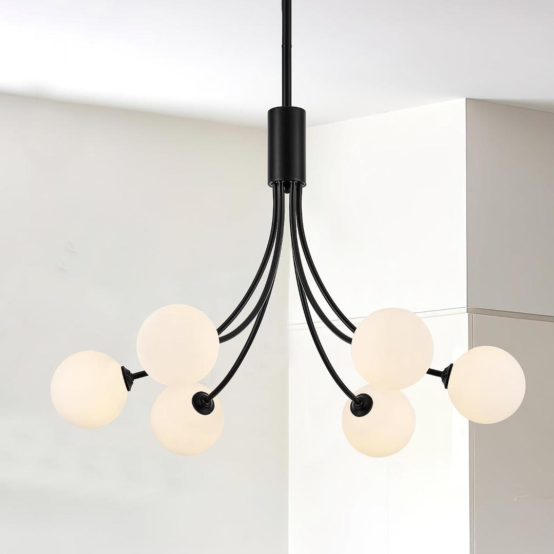 Modern Mid Century Black Chandeliers, 6-Light White Globe Glass Shade Chandeliers Hanging Sputnik Chandelier Light Fixtures for Living Room Kitchen Island Bedroom Foyer