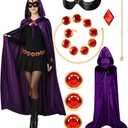 HRTELISI Raven Costume, Purple Hooded Cloak, Red Gem Belt, Waist Belt, Black Eye Mask, Womens Halloween Cosplay Set Fits All Body Types(80 to 260 Pounds) Size 130