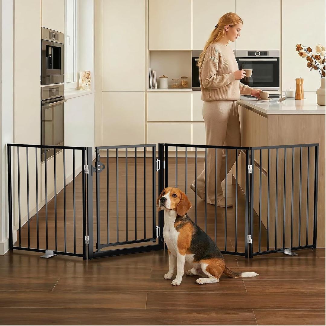 BFNN Metal Free Standing Dog Gate, 80" Extra Wide Foldable Pet Gate with Walk-Thru Door, Double-Locking Puppy Fence for Doorways, Stairs, Hallways, No Drill Heavy Duty Barrier for Dogs