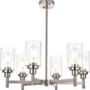 VINLUZ 6 Light Contemporary Chandelier Brushed Nickel Modern Pendant Lighting Cylinder Clear Glass Shaded Classic Ceiling Light Fixtures for Living Room Dining Room Kitchen