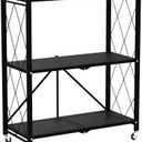 ALANNG Heavy Duty 3-Tier Folding Shelf with Wheels, No Tools Assembly Display Metal Shelving Units, Storage Rack Cart for Kitchen Pantry Laundry Room Garage, Black