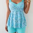 B2prity Tankini Swimsuits for Women Tummy Control Two Piece Modest Bathing Suits Floral Skirt Top with Boyshorts (Teal) M
