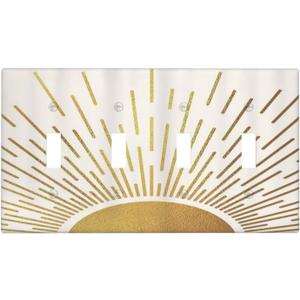 Mid Century Boho Abstract Sunrise Gold Sun Quad Toggle Light Switch Covers Decorative 4 Gang Wall Plate Electrical Faceplate Switchplate for Country Bathroom Bedroom Decor