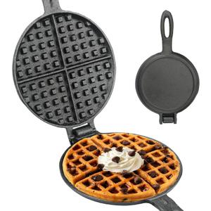 Cast Iron Waffle Maker for Stovetop or Camping Grill Two Piece Hinged Non Electric Waffle Iron Makes 7" Round Waffles