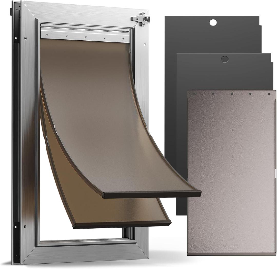 All Aluminum Dog Door with 2 Magnetic Flaps & 1 Replacement Flap, Heavy Duty Large Doggy Door for Exterior Doors, Doggie Door with 2 Closing Panels, Dual Aluminum Locks, for Pets Up to 110 Lb