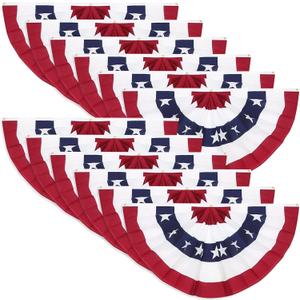 12 Pieces USA Pleated Fan Flag, 1.5x3 ft American US Bunting Flag Patriotic Half Fan Banner Flag for 4th of July Memorial Indoor Outdoor Decoration with Canvas Header and Brass Grommets, Red