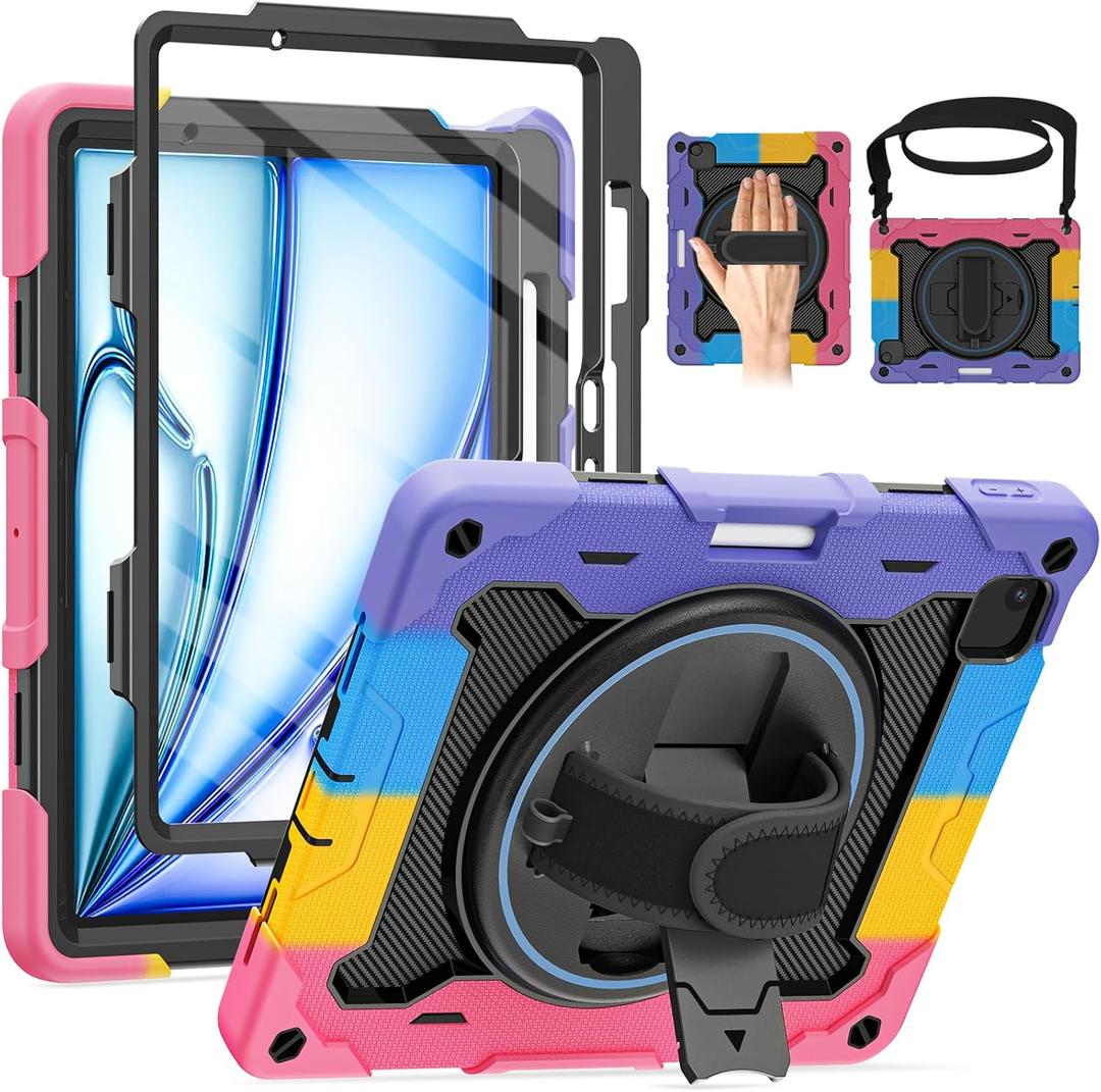 for Air 11 inch Case M3 2025 / M2 2024, Air 7th/6th Generation-with HD Screen Protector, 360 Rotating Kickstand/Hand Strap, Shoulder Strap, Pen Holder, Heavy Duty Military Grade- Kids Friendly (Black+Pink)