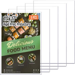 Henoyso 5 Pcs 11" x 17" Rigid Print Protectors, Heavy Duty Hard Plastic Sheet Page Protectors Crystal Menu Holder Clear Poster Sleeve Top Loading Frame for Magazine Photo Paper Poster Prints