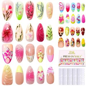 FANDAMEI Press on Nails, 4 Styles 120PCS 3D Flower Press on Nails Short Almond Fake Nails, Medium Almond 3D False Nails, Flower Butterfly Spring Summer Nails for Women
