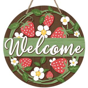 Deroro Welcome Spring Summer Strawberry Front Door Sign, Daisy Flower Farmhouse Wood Door Hanger Outdoor Outside Porch Decor, Rustic Seasonal Wooden Wreath Indoor Wall Hanging Decoration