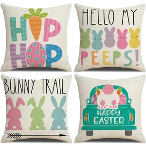 Easter Decor-Throw Pillow Covers 18x18in Set of 4,Spring Linen Pillow Case with Bunny and Egg for Large Couch Sofa Home Indoor Outdoor Holiday Home Decorations (Pink)