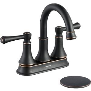 TimeArrow Oil Rubbed Bronze 2 Handle Centerset Bathroom Sink Faucet with Pop up Drain, High Arc Modern 4 Inch Bathroom Vanity Lavatory Faucet for 3 Holes with Brass 360° Swivel Spout, TAF067YORB