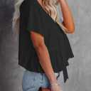 Fanway&EC Women's Short Sleeve V Neck Blouses Ruffle Hem Tie Front Crop Tops Lightweight Basic Summer Tops (Black, L)