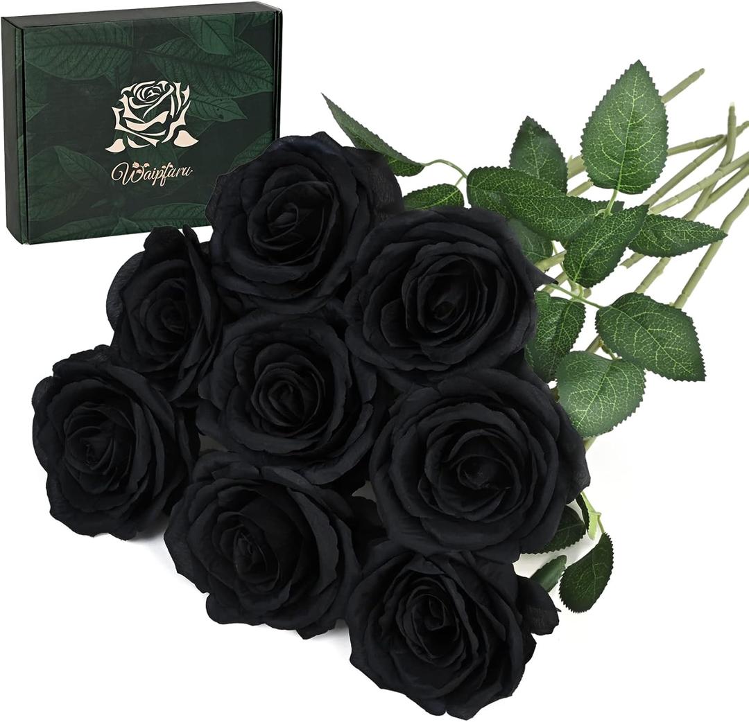 Waipfaru 8 Pcs Artificial Flowers Fake Silk Black Roses Bulk, Faux Real Touch Roses Bouquet with Long Stem for Wedding Party Home Decor (Black)