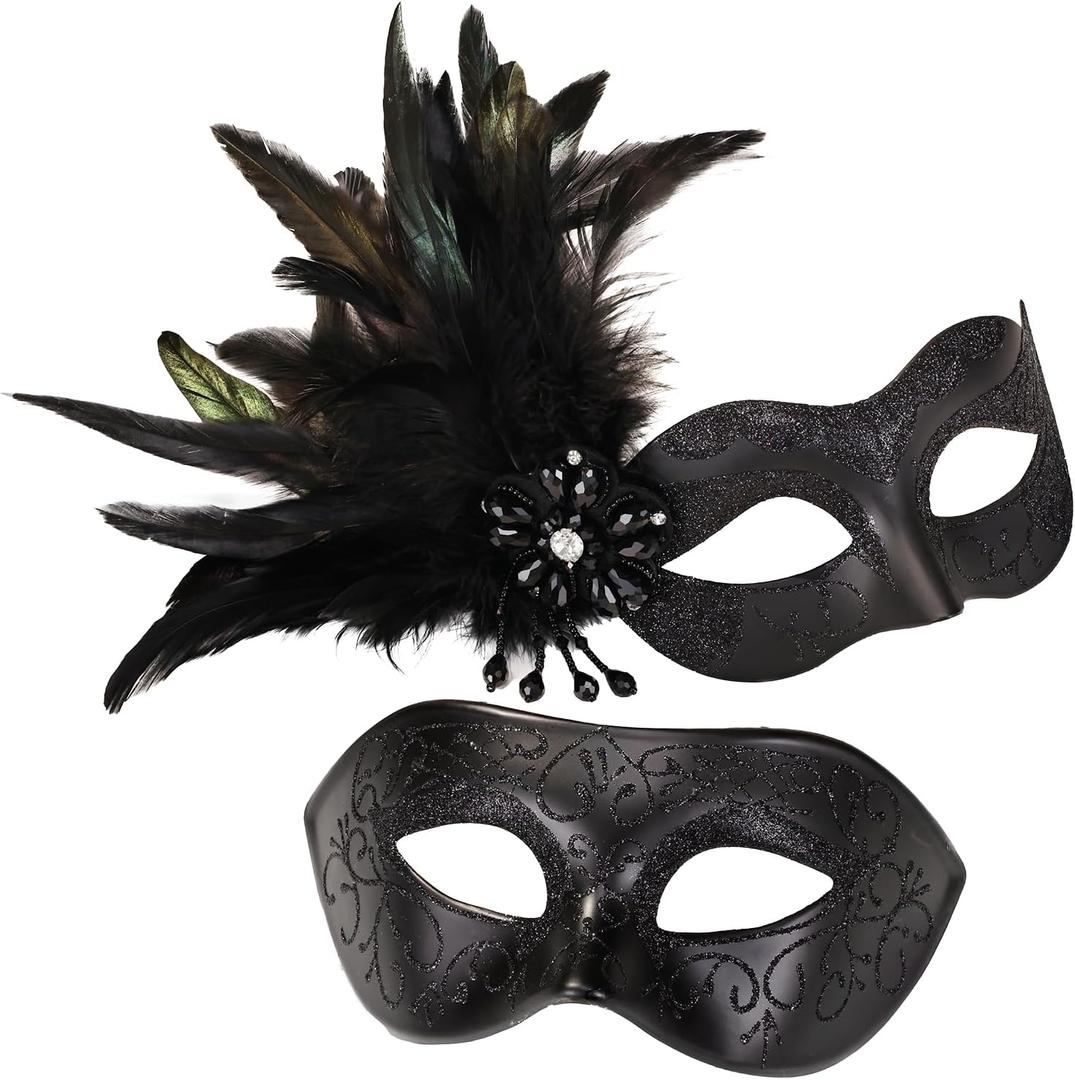 Black Couples Masquerade Mask Set - Women's Masquerade Mask with Feathers & Venetian Mask for Men, Mardi Gras, Halloween, Cosplay, Prom, Christmas