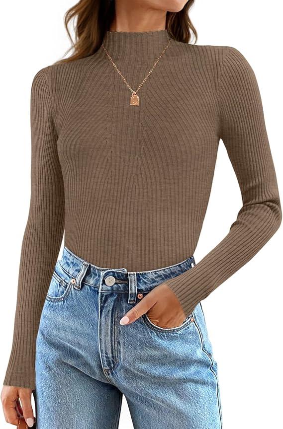 ZESICA Women's 2025 Fall Long Sleeve Turtleneck T Shirt Ribbed Knit Sweater Slim Fit Basic Casual Tee Tops, Size Small