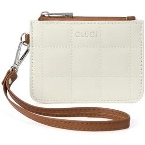 CLUCI Small Quilted Coin Purse Leather RFID Blocking Card Holder Slim Wristlet Wallets for Women Zipper Pocket Beige with Brown