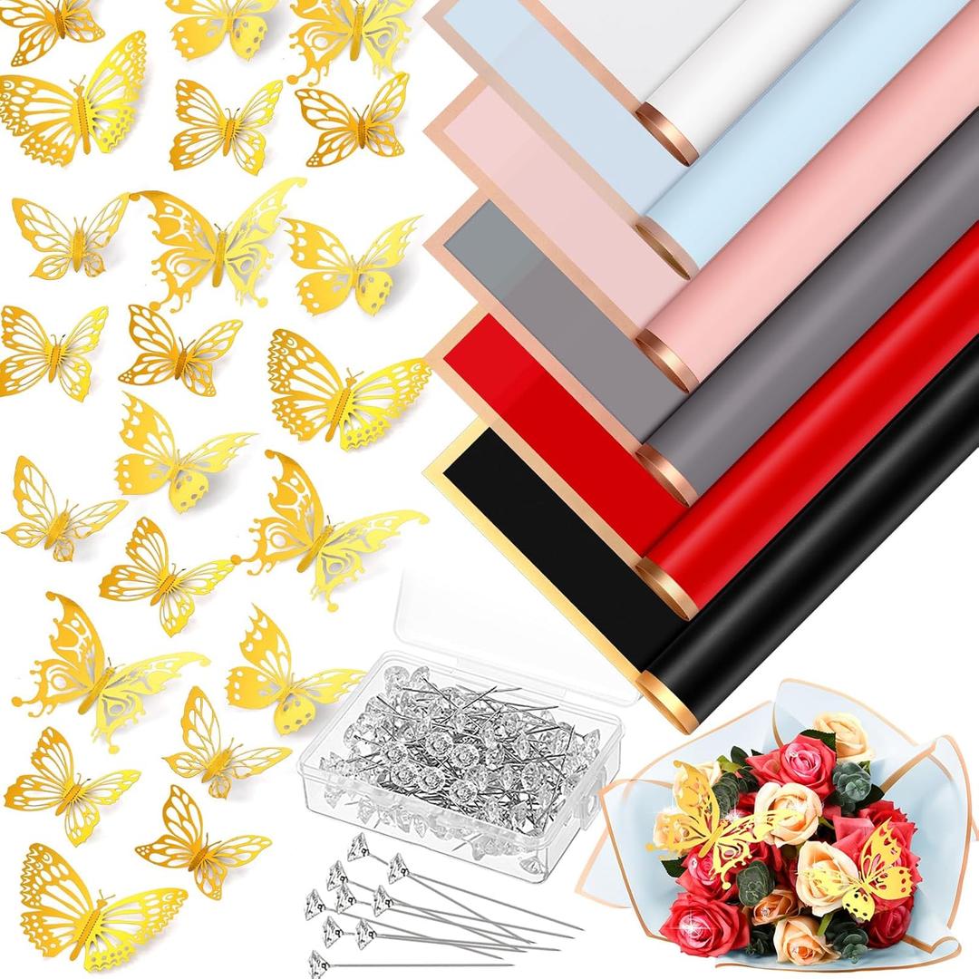 Yeaqee 60 Sheets Flower Wrapping Paper with 200 Pcs Bouquet Pin 48 Pcs 3D Gold Butterflies Decor for Festival Wedding Birthday Anniversary Mother's Day DIY Graduation Bouquet(Mix Color)
