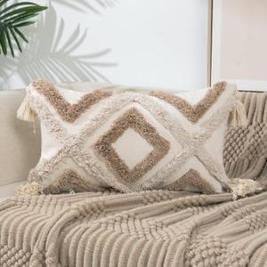 Boho Tufted Lumbar Throw Pillow Cover 12x 20 with Tassels, Modern Geometric Farmhouse Neutral Pillow Cushion Cases, Decorative Pillows for Bed, Outdoor Couch Bedroom Car Cream Khaki