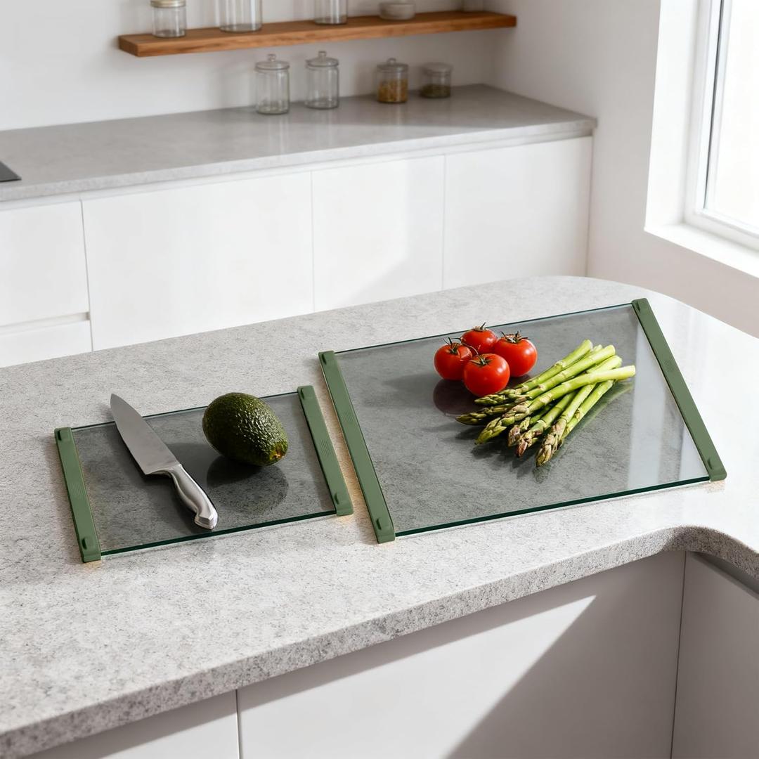 Glass Cutting Boards for Kitchen(12x16" & 12x8"),European Grey Glass Paired with Lemon Green Silicone Grip,No Scratches/Microplastic-Free/Non Toxic,Excellent Gift for Mother's Day and Father's Day