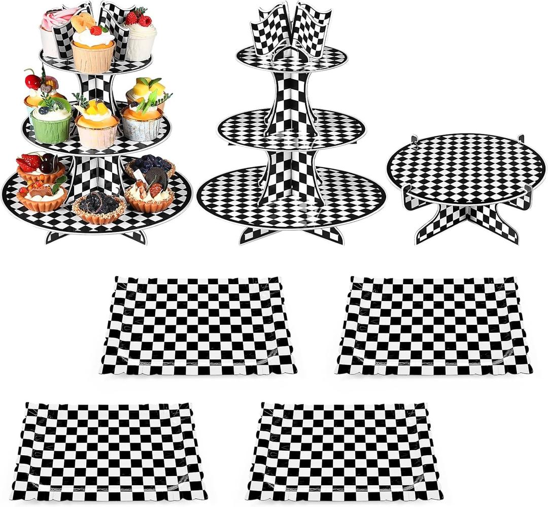 Zopeal 7 Pieces Racing Car Theme Cupcake Stand Set 3-Tier Cardboard Cupcake Display 1-Tier Cake Stand Round Dessert Display Rectangle Serving Tray Reusable Platters for Birthday Party