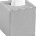 PU Leather Tissue Box Cover Square Rectangle Tissue Box Holder with Magnetic Closure, Decorative Tissue Holder for Bathroom Bedroom (Silver, Square)